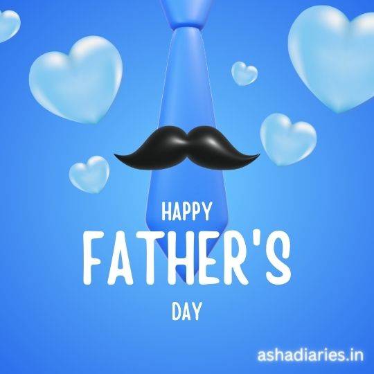 Father's Day greeting card with cartoon mustache and tie on a blue background with heart-shaped clouds.