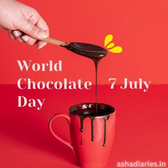 a Person's hand is dipping a chocolate-covered wooden spoon into a red mug, from which the chocolate is overflowing. The background is red, matching the mug, and there is text indicating "World Chocolate Day 7 July". The image has a minimalistic and vibrant aesthetic, likely designed for social media to celebrate the occasion.