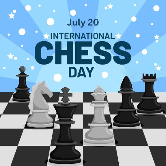 a Digital Illustration Promoting International Chess Day with Chess Pieces on a Board, Text Reads "july 20, International Chess Day" Against a Blue Sky with Light Rays and Sparkles.