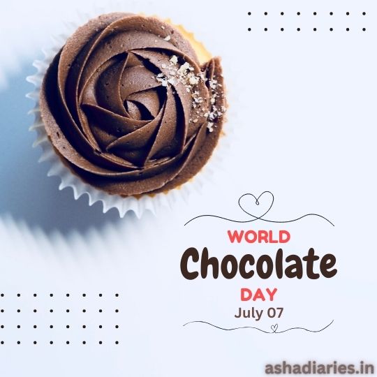 a Promotional Image for World Chocolate Day Featuring a Chocolate Cupcake with a Swirl of Chocolate Icing, Sprinkled with Powdered Sugar, Against a Light Background. the Text "world Chocolate Day July 07" is Prominently Displayed, Along with the Website "ashadiaries.in" in the Corner.