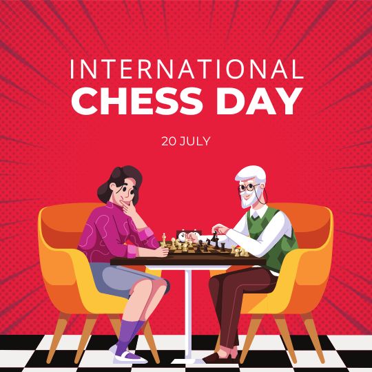 a Vibrant Poster Celebrating International Chess Day on 20 July, Featuring Two Cartoon Characters Engaged in a Game of Chess. the Woman on the Left Wears a Purple Blouse and the Elderly Man on the Right Dons a Green Vest.