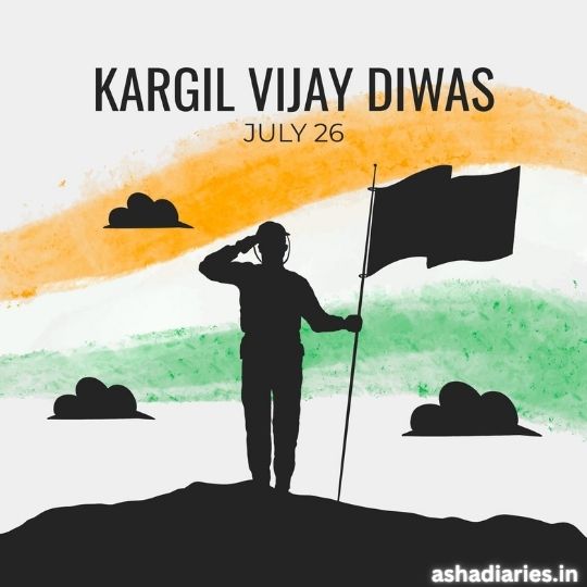 Silhouette of a Soldier Saluting Beside a Flagpole Against a Backdrop of the Indian Tricolor, with Clouds in the Sky, Text Reads 'Kargil Vijay Diwas July 26'