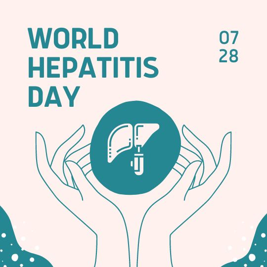 Graphic Design for World Hepatitis Day, Featuring Stylized Hands Cupping a Circle That Contains an Icon of a Liver and a Medical Dropper. the Design Includes a Pastel Pink Background with Decorative Blue Elements. the Date '07 28' is prominently displayed, signifying the annual observation date of World Hepatitis Day.