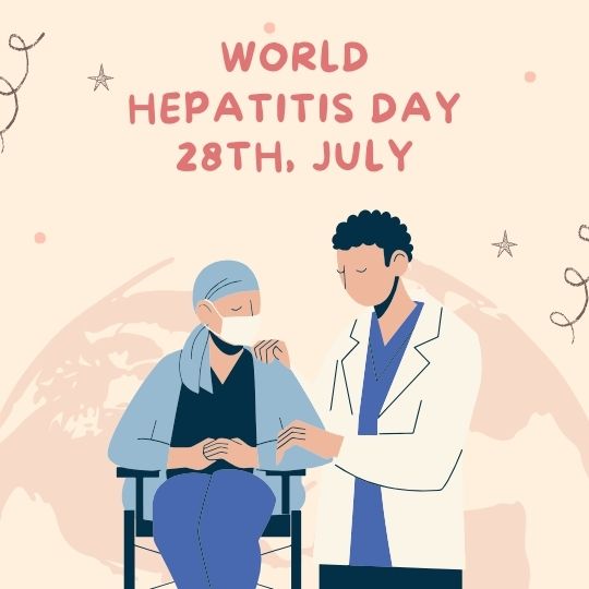Illustration Commemorating World Hepatitis Day on 28th July, Featuring a Patient Sitting on a Chair, Comforted by a Healthcare Professional, Against a Backdrop with Stars and a World Map Outline.