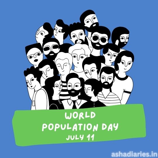 Illustration for World Population Day, Featuring a Diverse Group of Stylized People's faces in black and white against a blue background, above a green banner with text 'WORLD POPULATION DAY JULY 11'.