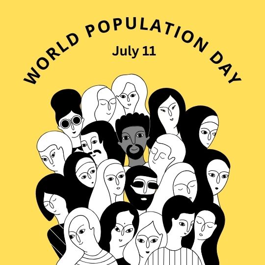 a Graphic Illustration Commemorating World Population Day on July 11, Featuring a Diverse Array of Abstract Human Faces in Black and White Against a Bright Yellow Background. the Faces Vary in Shapes and Features, Symbolizing Global Diversity. the Text 'WORLD POPULATION DAY' is prominently displayed at the top.