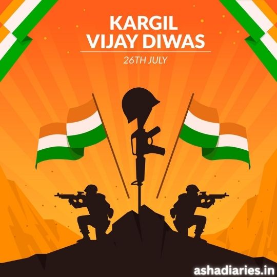 Illustration Commemorating Kargil Vijay Diwas, Depicting a Soldier's silhouette standing victorious on a peak with two soldiers in combat positions on either side, Indian flags waving in the background, against an orange sunrise, with the text 'Kargil Vijay Diwas 26th July' at the top.