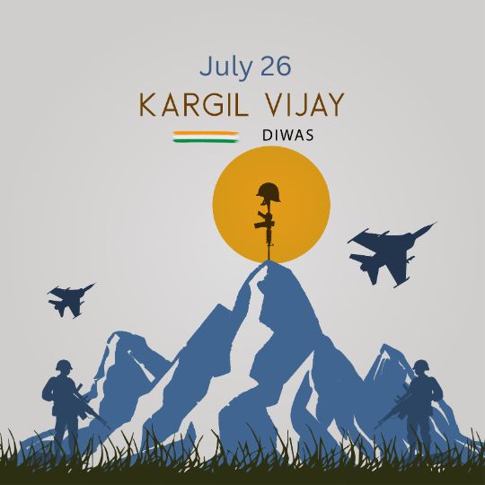 Graphic Illustration Commemorating Kargil Vijay Diwas on July 26, with Silhouettes of Soldiers and Fighter Jets Against a Backdrop of Mountain Peaks, Underneath a Warm Yellow Sun with a Silhouette of a Memorial Statue, All Above a Field of Green Grass.