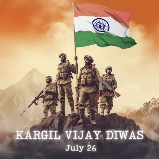 Soldiers Standing with the Indian Flag on a Mountain to Commemorate Kargil Vijay Diwas on July 26