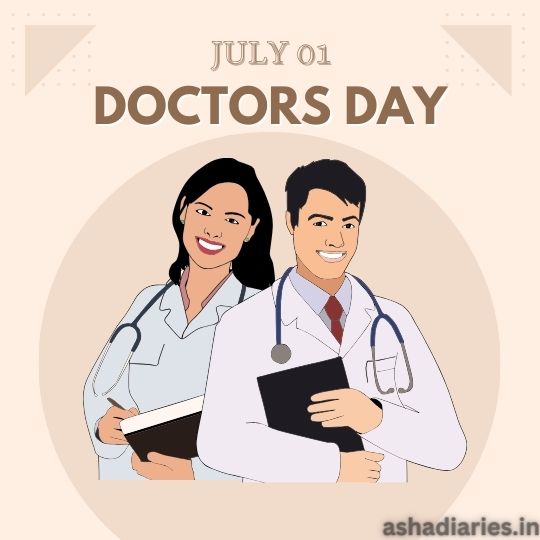 Graphic for Doctors' Day showing a smiling female doctor in a lab coat holding a clipboard and a male doctor in a lab coat with a stethoscope around his neck holding a file, with the text 'July 01 DOCTORS DAY' at the top.