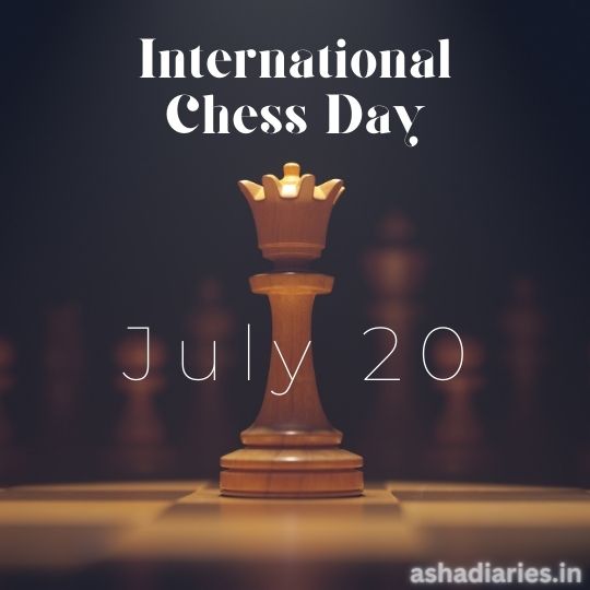 a Queen Chess Piece Prominently Centered on a Chess Board with the Text 'International Chess Day July 20' overlaid on the image.