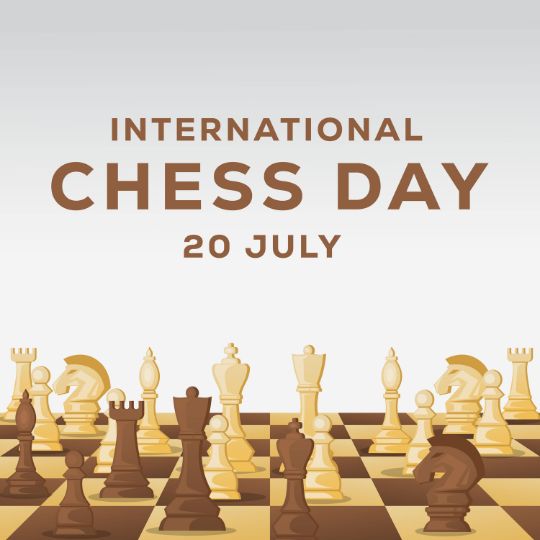 Graphic for International Chess Day Featuring an Array of Chess Pieces in Light and Dark Tones Strategically Placed on a Chessboard, with the Text 'International Chess Day 20 July' prominently displayed above.