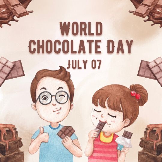 Illustration for World Chocolate Day Featuring Two Cartoon Children Enjoying Chocolate Bars. a Boy with Glasses and a Blue T-shirt Gives a Thumbs Up While a Girl with a Red Hair Tie and Striped Dress Savors Her Chocolate with Eyes Closed. Chocolate Bars and Pieces Are Scattered in the Background. Text Reads 'WORLD CHOCOLATE DAY JULY 07'.