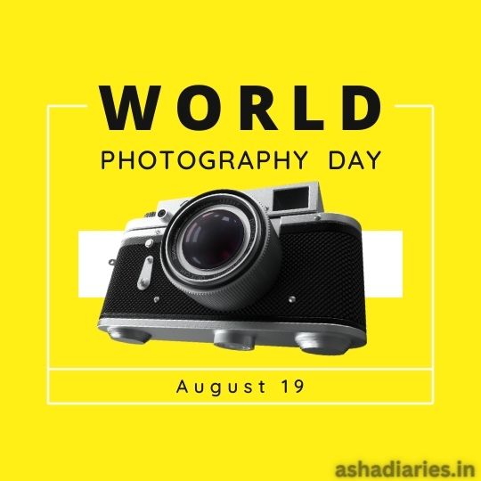 Graphic Design Celebrating World Photography Day with a Classic Black Camera Centered on a Bright Yellow Background. Text Reads 'WORLD PHOTOGRAPHY DAY August 19'.