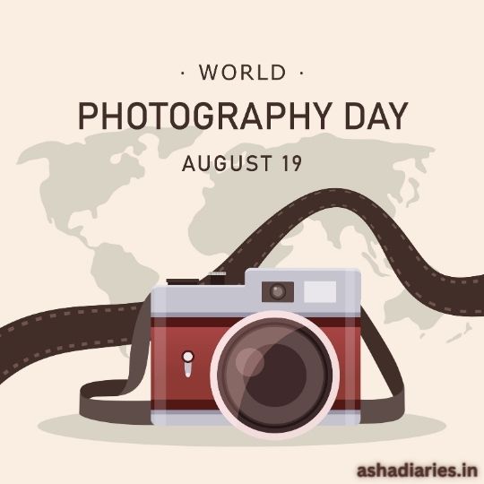 Illustration for World Photography Day Featuring a Vintage Red and Silver Camera with a Large Lens, Set Against a Cream Background with a Stylized World Map and a Dark Winding Film Strip. the Text 'World Photography Day August 19' is displayed prominently.