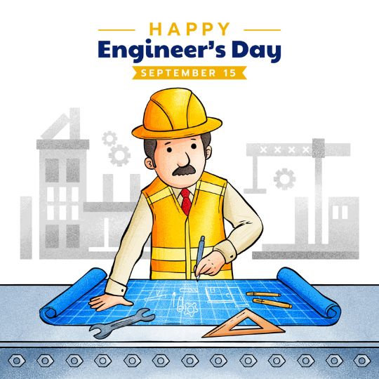the Image is a Festive Graphic Celebrating Engineer's Day, featuring an illustration of an engineer. The engineer, depicted as a middle-aged man with a mustache, is wearing a yellow hard hat and a yellow safety vest over a light blue shirt. He is working at a drafting table, using a pen on a blueprint with drafting tools like a ruler and a triangle nearby. The background includes simplistic, line-drawn buildings, and the top of the image features the greeting "Happy Engineer's Day" with the date "September 15."