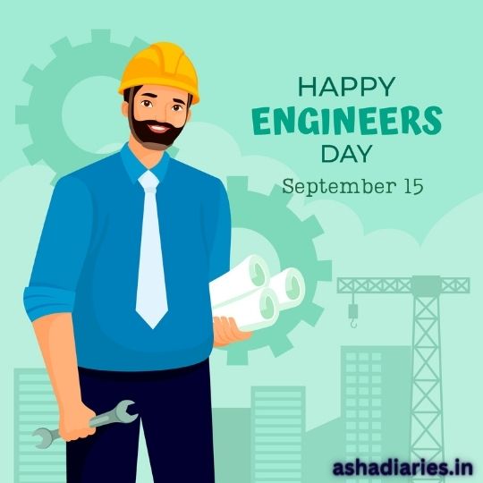Happy Engineers Day Greeting Card Featuring a Smiling Male Engineer with a Beard, Wearing a Blue Shirt, Tie, and Yellow Hard Hat. He is Holding Engineering Blueprints and a Wrench, with a Construction Crane and Gears in the Background. the Text Reads 'Happy Engineers Day, September 15' on a light green banner.