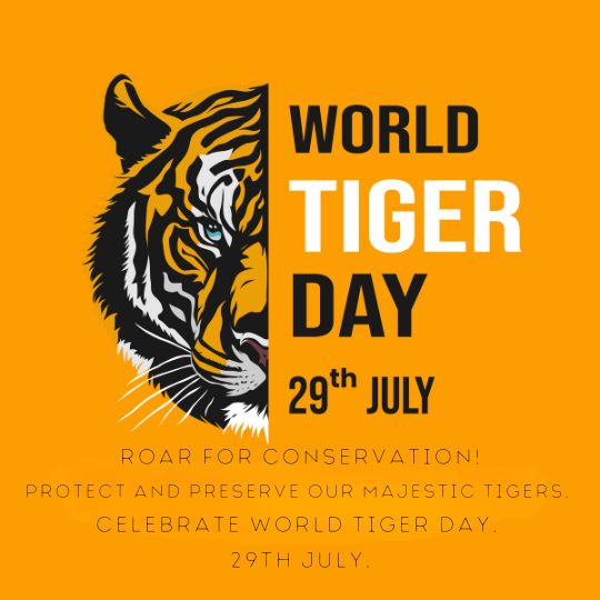 World Tiger Day Promotional Graphic Featuring a Detailed Illustration of a Tiger's face on a bright orange background with text celebrating the event on 29th July, urging to protect and preserve tigers and promote conservation.
