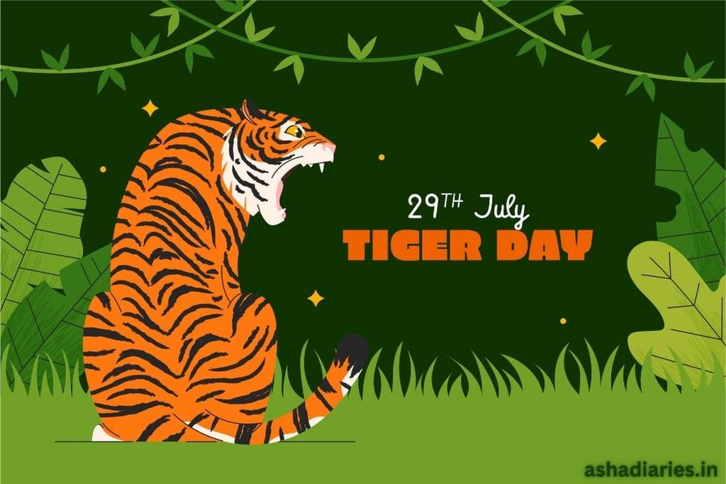 the Image Shows a Graphic Design for "tiger Day" Celebrated on 29th July. It Features a Vivid Illustration of a Roaring Tiger Set Against a Lush Green Background with Leaves and Decorative Elements. the Tiger is Depicted with Striking Orange Fur Marked with Bold Black Stripes, and the Text "tiger Day" is Prominently Displayed in Orange Font.