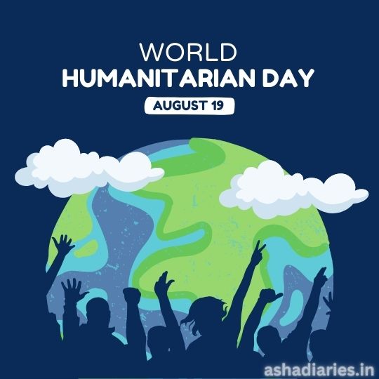 Graphic for World Humanitarian Day Featuring an Illustration of Earth with a Crowd of Silhouetted People Raising Their Hands in Celebration, Set Against a Dark Blue Background with Clouds. the Text 'World Humanitarian Day - August 19' is prominently displayed above.