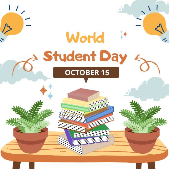 Illustration Celebrating World Student Day on October 15, Featuring a Stack of Books on a Table with Potted Plants on Either Side. Light Bulbs and Clouds Decorate the Background.