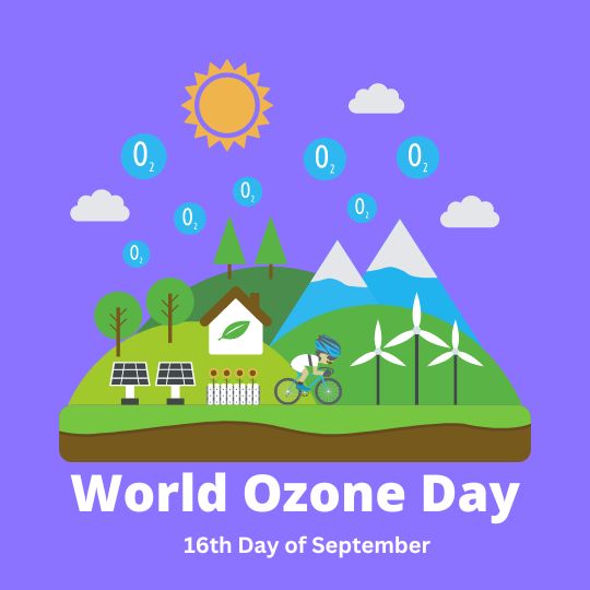 Illustration for World Ozone Day, Featuring a Scene with Renewable Energy Solutions Like Solar Panels and Wind Turbines, a Person Cycling in a Lush Green Landscape with Mountains in the Background, Under a Bright Sun and a Sky Dotted with Oxygen Molecules, Emphasizing Environmental Preservation. Text on the Image States 'World Ozone Day 16th Day of September.