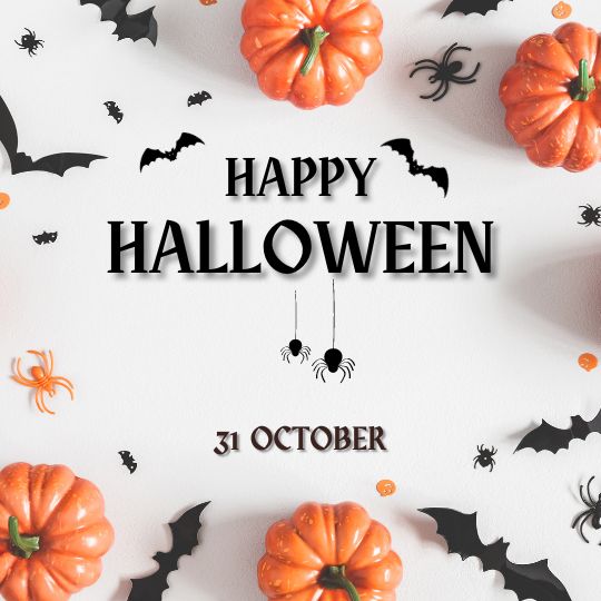 Festive Halloween Graphic Featuring the Text 'Happy Halloween' with the date '31 October'. The background is decorated with small pumpkins, flying bats, hanging spiders, and scattered spiders and bats, all set against a white surface.
