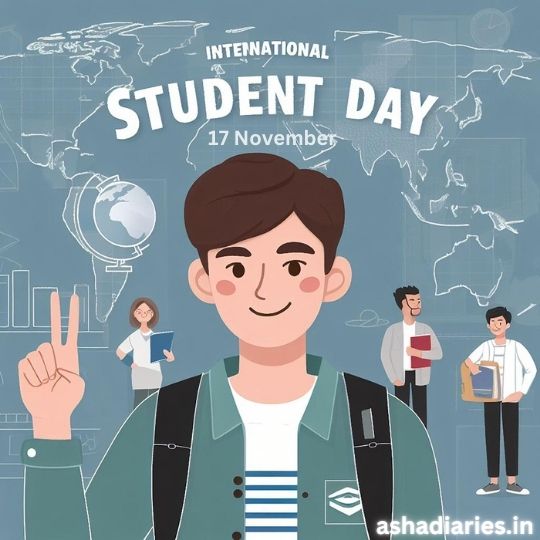Graphic for International Student Day Featuring a Young Male Student Making a Peace Sign, Surrounded by Peers and a World Map, Promoting Cultural Diversity and Education.