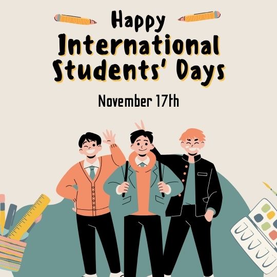 Illustration for International Students' Day featuring three cheerful male students, each with different hair colors (black, brown, and orange). They are surrounded by symbols of academia like pens and paintbrushes, celebrating the event marked on November 17th.