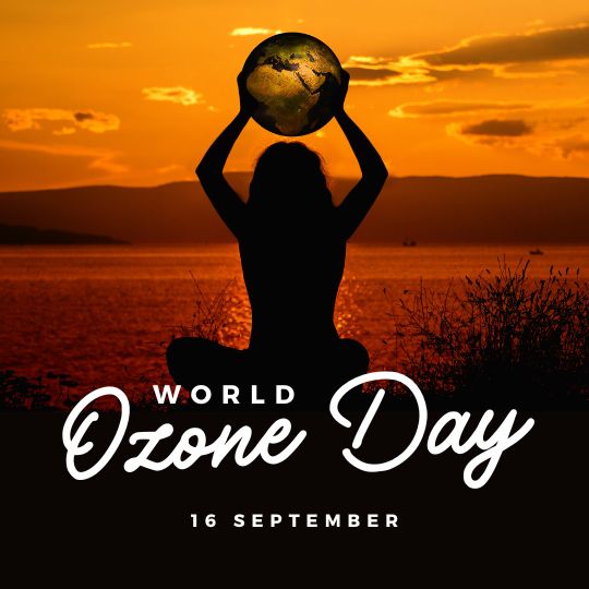 Alt Tag: Silhouette of a Person Holding a Glowing Globe Above Their Head at Sunset, with Text Overlay for World Ozone Day on September 16.