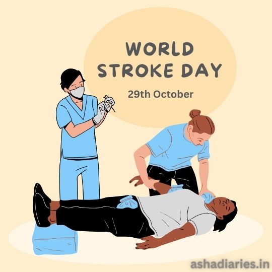 an Illustration for World Stroke Day Showing Three People Providing Medical Aid: a Nurse in Blue Scrubs is Preparing an Injection, a Healthcare Worker in Teal is Helping a Man Lying on the Ground, and the Man Appears to Be Receiving Immediate Medical Attention. the Background is Beige with the Text 'World Stroke Day 29th October' at the top.