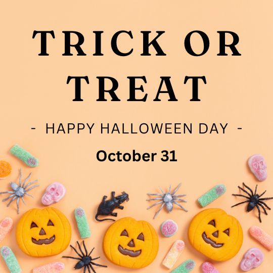 Festive Halloween Graphic Featuring Three Smiling Pumpkin Cookies Surrounded by Assorted Candy, Plastic Spiders, and Gummy Bugs on a Soft Orange Background. the Text 'Trick or Treat - Happy Halloween Day - October 31' is prominently displayed.