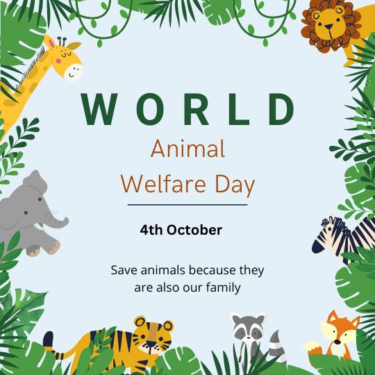 Illustration for World Animal Welfare Day on 4th October, Featuring Cartoon Animals Like a Giraffe, Lion, Elephant, and Zebra Surrounded by Tropical Leaves with the Text 'Save animals because they are also our family'.