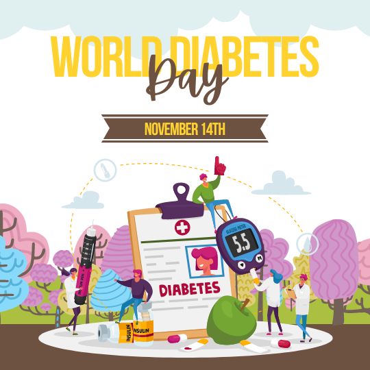 Illustration for World Diabetes Day on November 14th, Featuring a Clipboard with a Diabetes Diagnosis, an Insulin Injection, a Glucose Meter Reading 5.5, and Various People and Elements Related to Diabetes Care and Awareness in a Colorful Outdoor Setting.