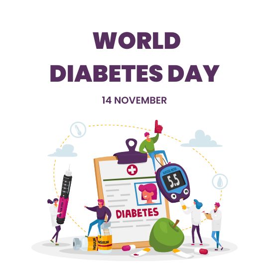 Illustration Celebrating World Diabetes Day on November 14, Featuring People Interacting with Diabetes-related Items Like Insulin Injections, a Glucose Meter Showing a Reading of 5.5, an Apple, and a Clipboard Labeled 'Diabetes.'