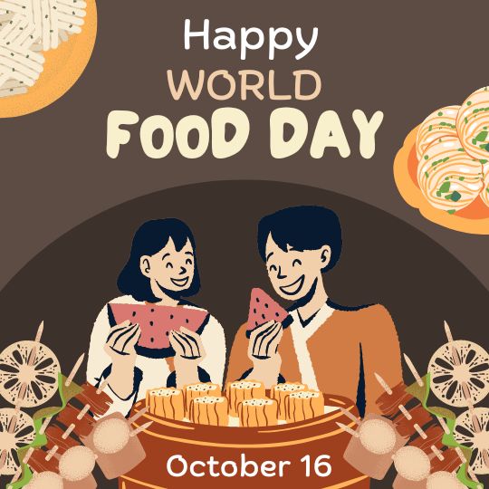 Happy World Food Day Poster Featuring a Boy and a Girl Smiling and Eating Watermelon, Surrounded by Various Dishes Like Sushi and Daisies, with a Brown and Orange Color Scheme.