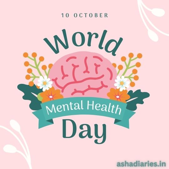 Graphic for World Mental Health Day Featuring a Stylized Pink Brain Encircled by Orange and White Flowers and Green Ribbons, with the Event Date '10 October' displayed on a pastel pink background.