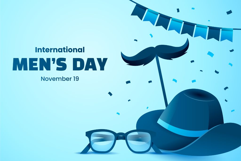 International Men's Day celebration with glasses, mustache, hat, and festive decorations on a blue background, dated November 19.