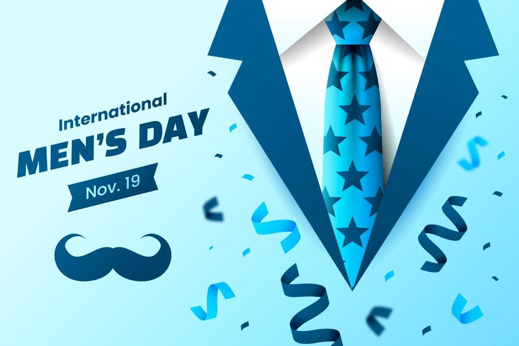 the Image Showcases a Creative and Festive Design for International Men's Day, celebrated on November 19. The graphic includes a stylized blue tie adorned with stars on a light blue background, accompanied by confetti and streamers to enhance the celebratory theme. A mustache icon and the event's date are prominently displayed, emphasizing the focus on men's health and contributions.