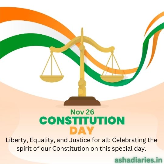 Graphic for Constitution Day in India with a Balance Scale, Indian Flag Colors, and Text Celebrating Liberty, Equality, and Justice.