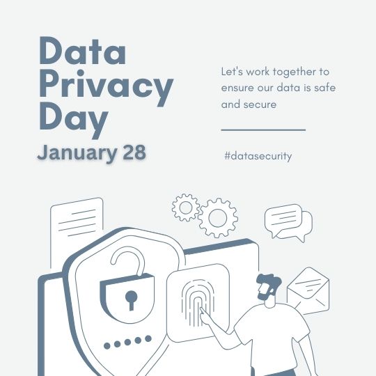 Illustrative Poster for Data Privacy Day on January 28, Featuring a Monochromatic Design with a Male Figure Interacting with a Digital Lock on a Shield, Surrounded by Icons Representing Documents, Gears, and Communication Bubbles. the Poster Includes Text Promoting Data Security Awareness.