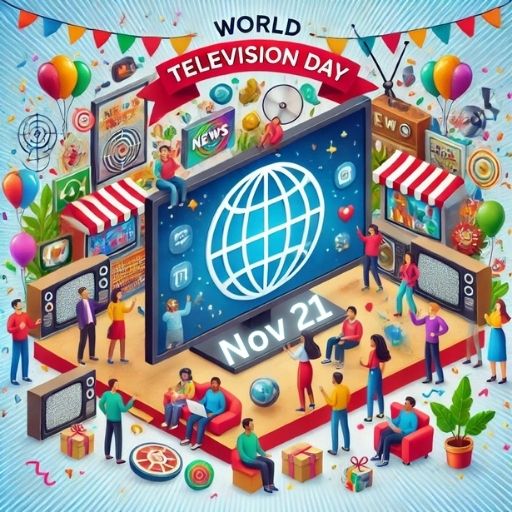 Illustration Celebrating World Television Day, Depicting a Vibrant and Colorful Scene with Multiple People Engaged in Various Activities Around a Giant Television Screen Displaying a Globe and the Text 'Nov 21'. The scene includes symbols of news, sports, and entertainment, balloons, and gifts, highlighting the diverse impact of television on society.