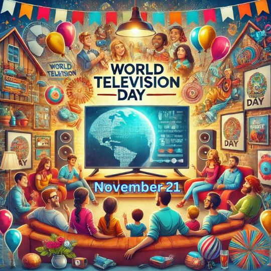 a Lively Celebration of World Television Day with Diverse People Gathered Around a Large Screen, Decorated with Balloons and Colorful Banners, Featuring the Date "november 21.