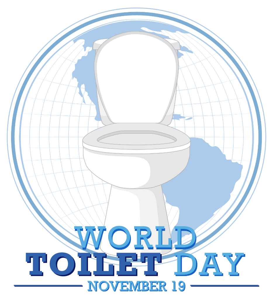 the Image Depicts a Promotional Graphic for World Toilet Day, Observed on November 19. It Features a White Toilet Against a Light Blue and White Graphic of the Globe, Encircled by a Darker Blue Line, Emphasizing the Global Importance of Sanitation.