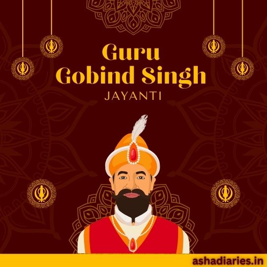 Digital Illustration Commemorating Guru Gobind Singh Jayanti, Featuring a Portrait of Guru Gobind Singh in Traditional Attire with a Red Robe and White Feathered Turban, Set Against a Rich Maroon Background Adorned with Intricate Gold Patterns and Circular Symbols Representing Sikhism. the Text 'Guru Gobind Singh Jayanti' is displayed at the top.