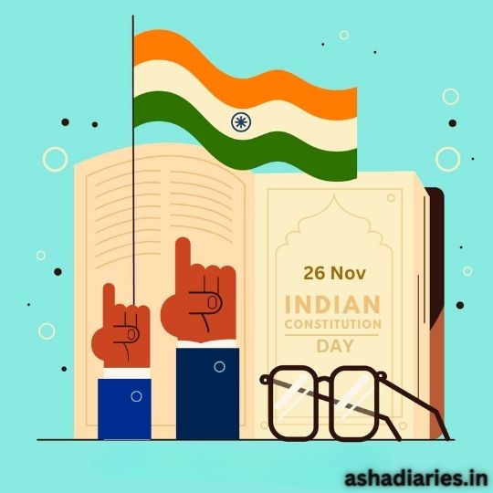 the Image Depicts a Graphic Celebrating Indian Constitution Day on November 26th. It Features an Open Book with a Pair of Glasses in Front, Two Human-like Figures with Raised Index Fingers, Signifying Voting or the Power of Democracy, and the Indian Flag at the Top Left. the Overall Design is Vibrant and Colorful, Suitable for Educational or Celebratory Content Regarding the Indian Constitution.