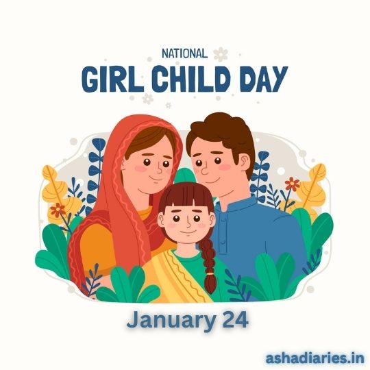 Illustration of a Family Celebrating National Girl Child Day on January 24, Featuring a Smiling Mother, Father, and Their Daughter Surrounded by Colorful Foliage. the Image Includes the Website Ashadiaries.in at the Bottom Right Corner.