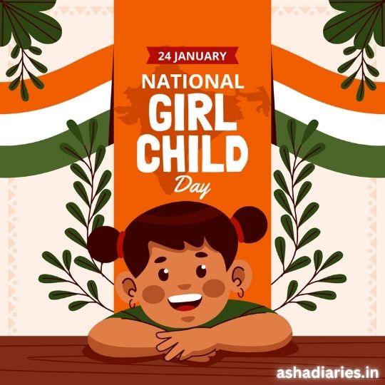 Illustration for National Girl Child Day, Featuring a Smiling Girl with Ponytails, Resting Her Chin on Her Hands at a Wooden Table. the Background Includes an Orange Vertical Banner with the Event's date, January 24th, and the title 'National Girl Child Day'. Decorative elements like green leaves and white patterns enhance the festive look of the design.