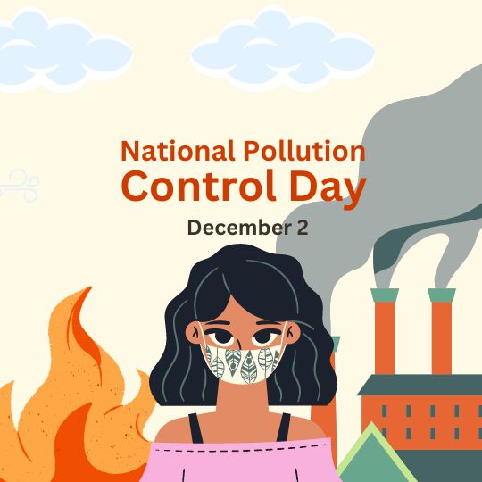 Illustration for National Pollution Control Day, Observed on December 2nd, Depicting a Person Wearing a Mask with a Background Showing Factory Smoke and Flames, Emphasizing the Importance of Controlling and Preventing Environmental Pollution.