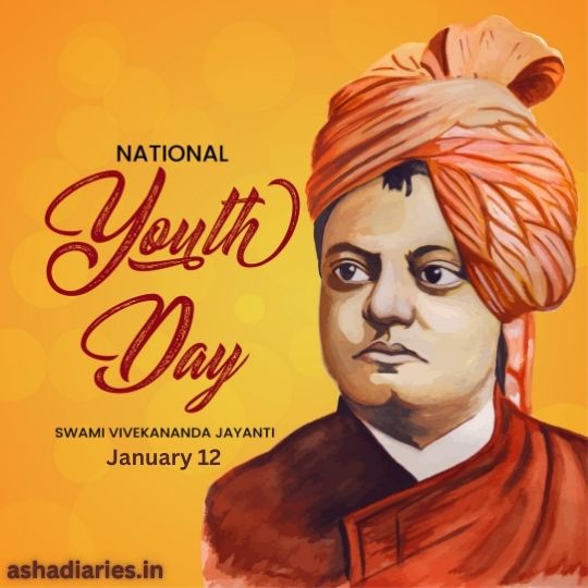 Promotional Graphic for National Youth Day Featuring a Portrait of Swami Vivekananda, with Vibrant Orange and Yellow Background, and Text Celebrating Swami Vivekananda Jayanti on January 12.